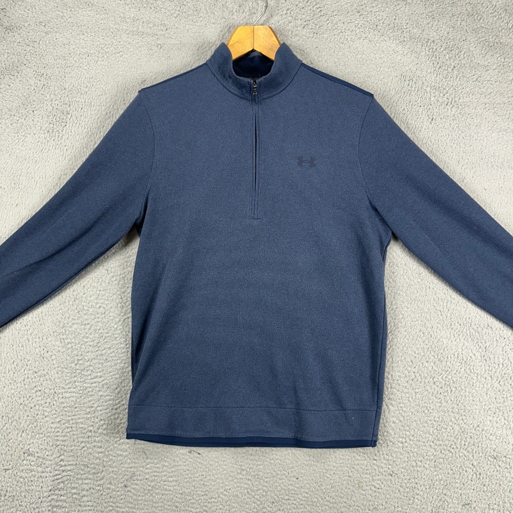 Under Armour Cold Gear Mens Pullover‎ Sweatshirt Medium Navy Quarter Zip Loose - Picture 2 of 10